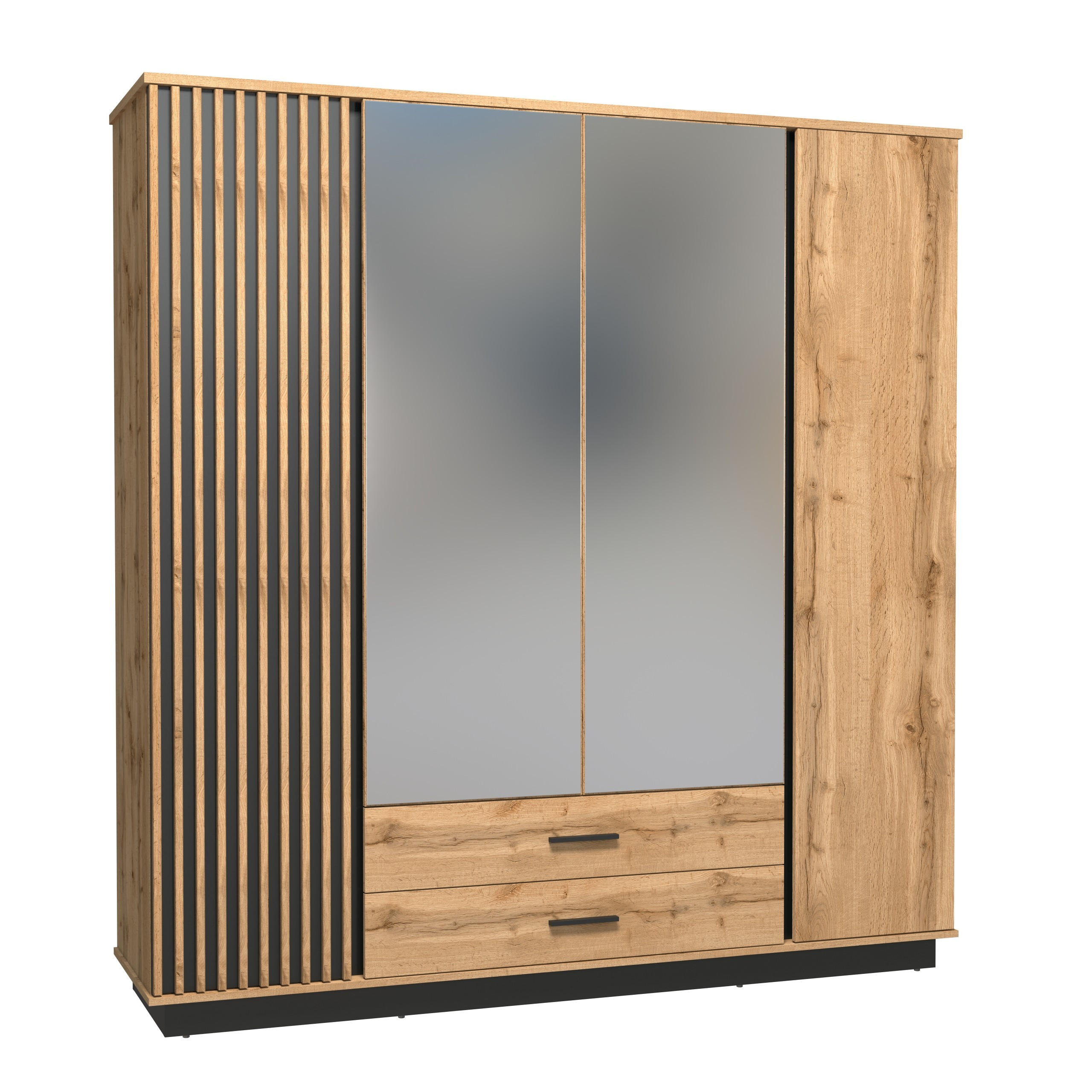 SCHWEBETÜRENSCHRANK KIMA 196,6/205/52cm 4-türig mit Spiegel Eiche Wotan - Eiche Wotan, Holzwerkstoff (196.6/205/52cm) - MASSENO