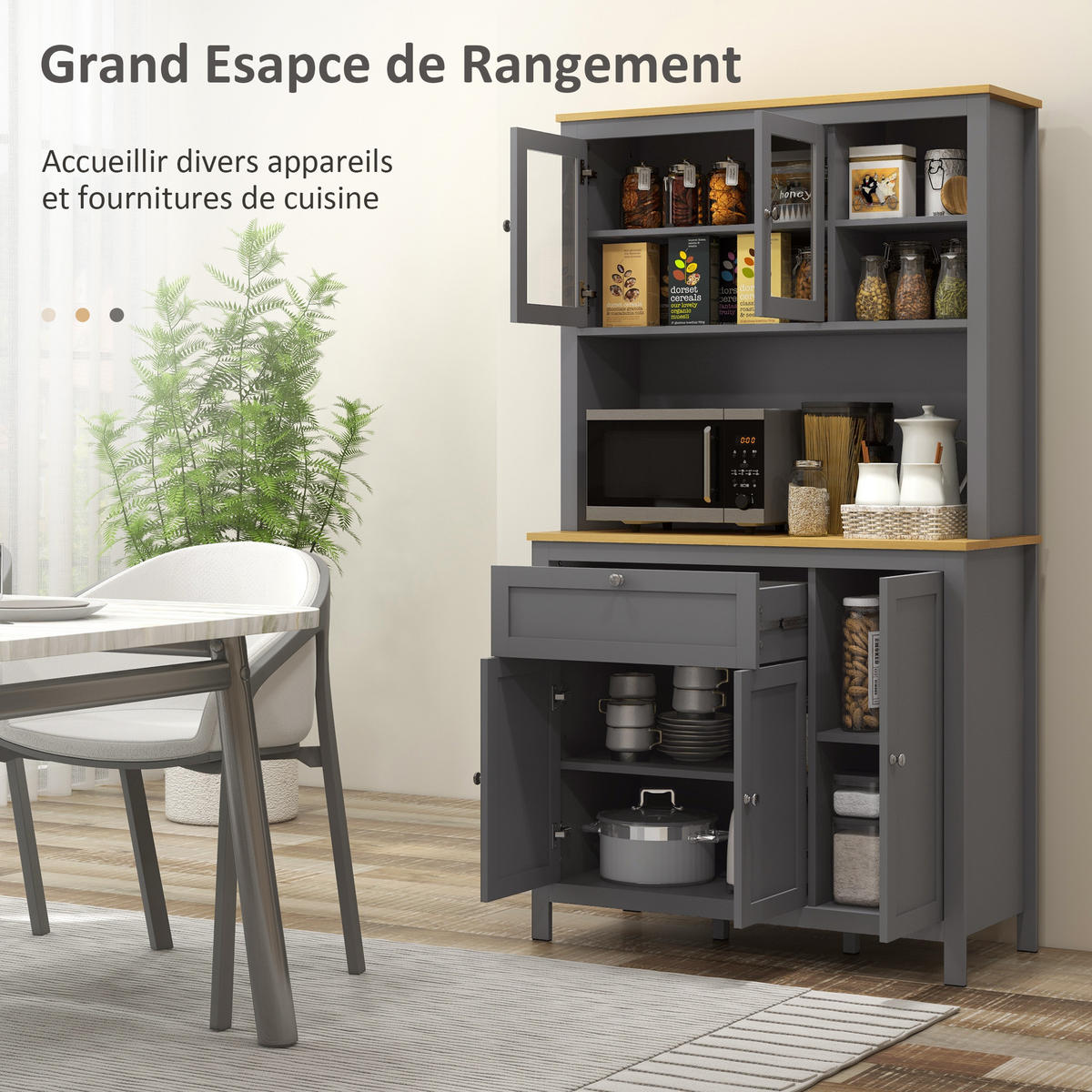 BUFFET DE-11110 2 Glastüren & Schublade mit Kabeldurchlass Grau - Grau, Holzwerkstoff (40/180/100cm) - ComfortXL