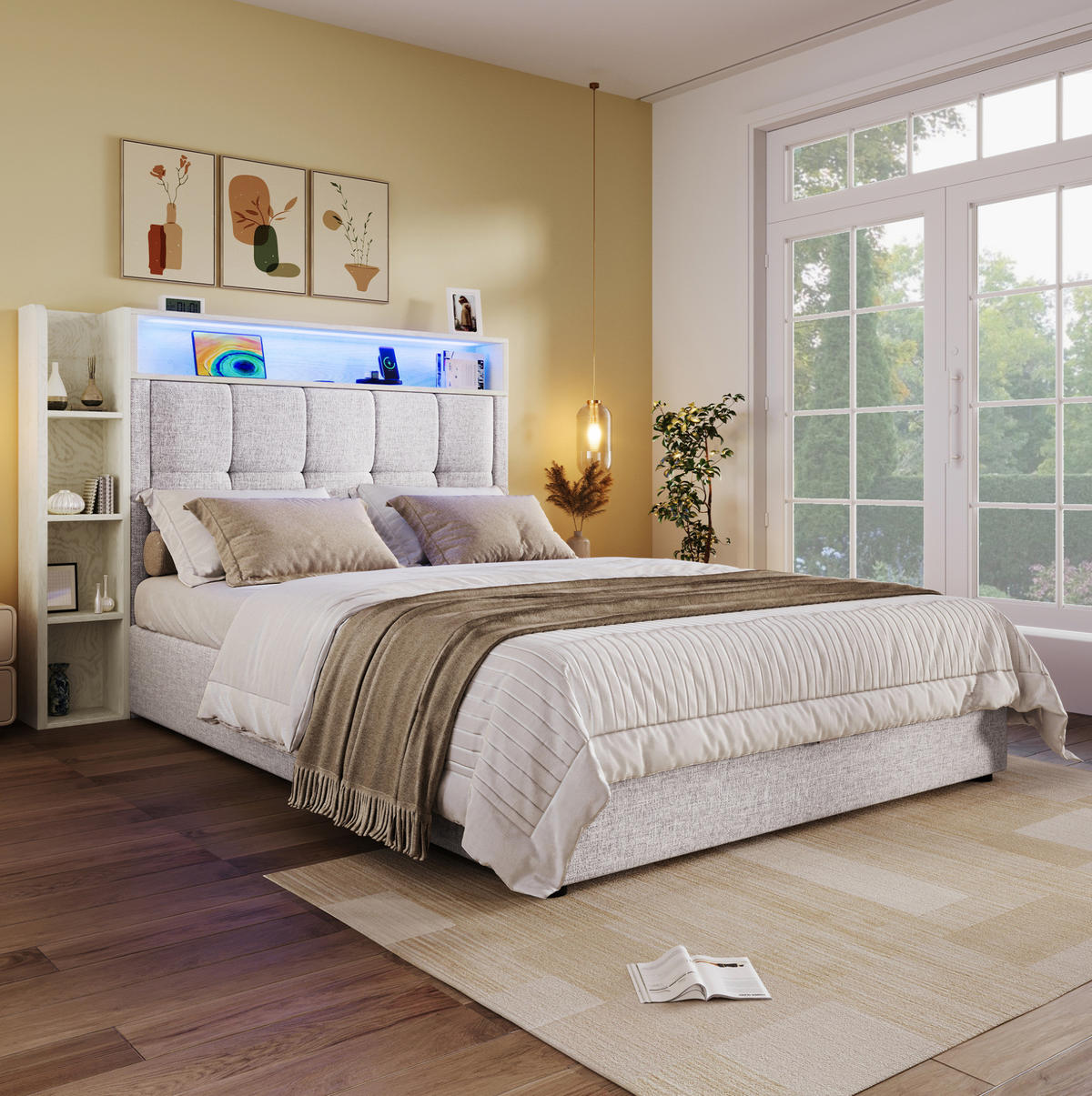 POLSTERBETT mit Stauraum, USB und LED 90x200 cm Leinen Beige - Beige, Metall (90/200cm) - Meubliv