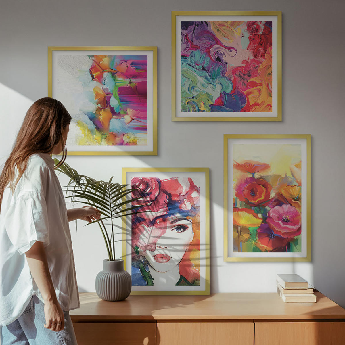 WANDBILDER 4er Set - 50x50 cm & 40x60 cm Goldrahmen - Porträt von Blumen in intensiven Farben - Goldfarben, Kunststoff (50/50cm) - ArtPrintCave