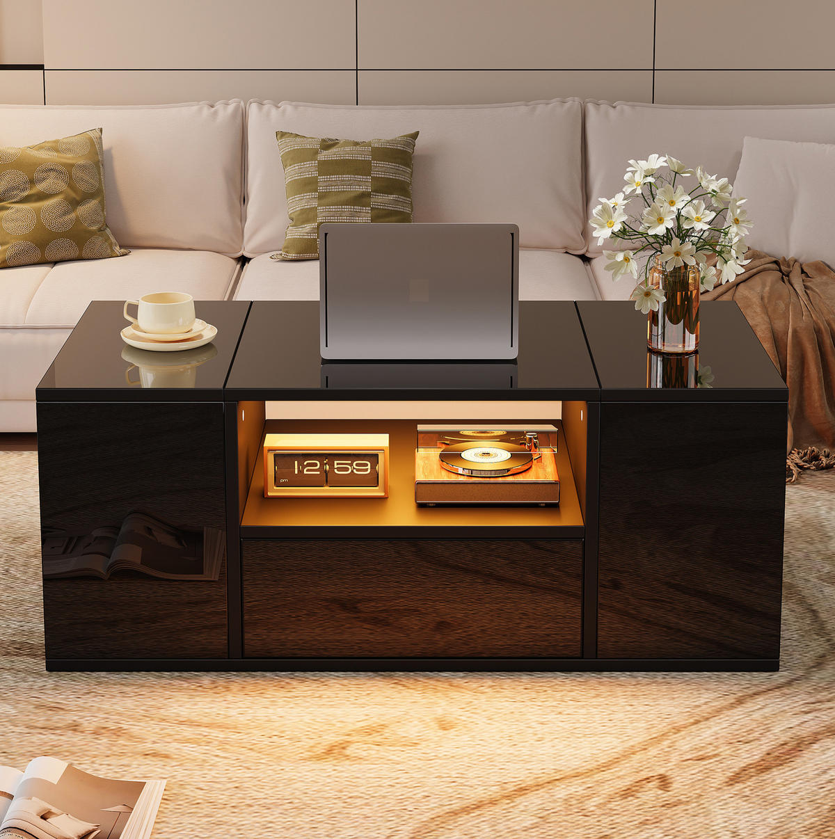 COUCHTISCH 100/50/40 cm in Schwarz mit LED-Beleuchtung und Stauraum - Schwarz, Holzwerkstoff (100/50/40cm) - Flora Grace