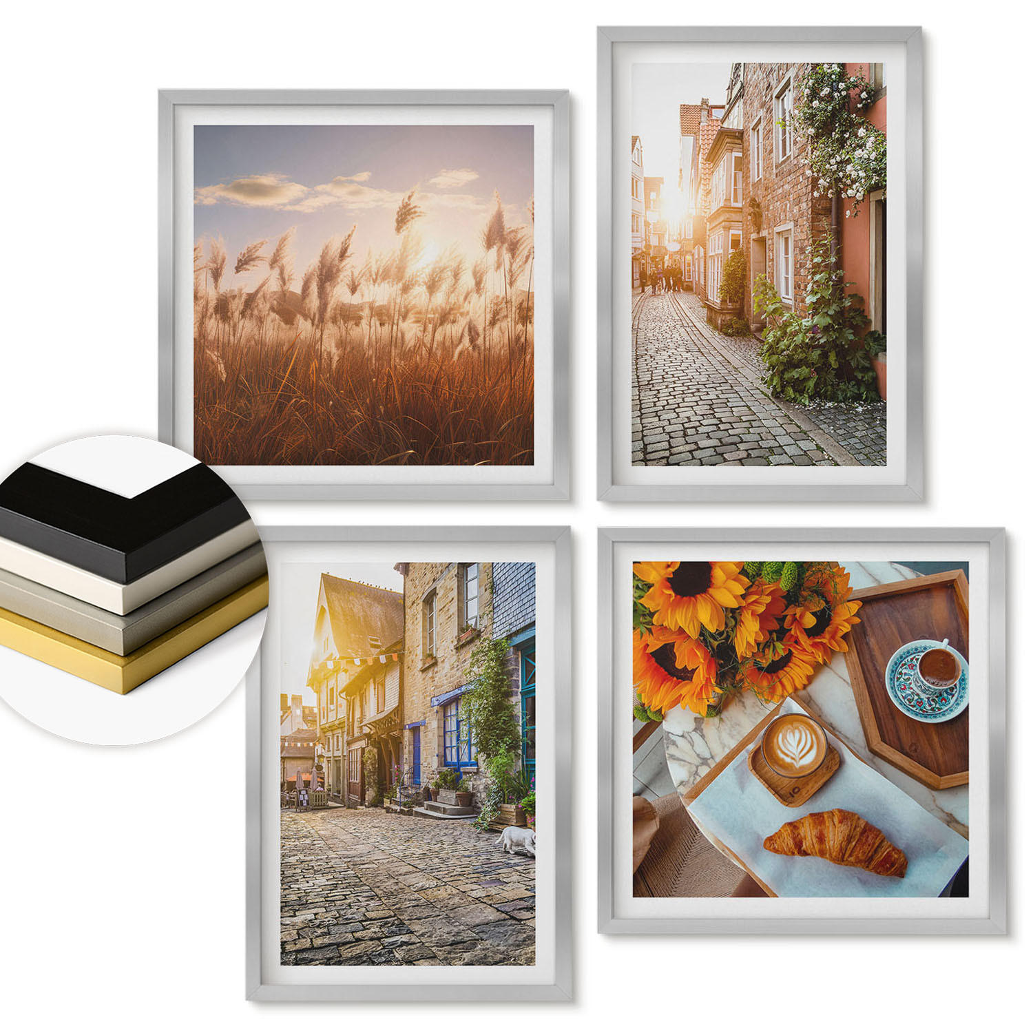 WANDBILDER 4er Set - 50x50 cm & 40x60 cm Silberner Rahmen - Charmante Straßen mit Kaffee - Silberfarben, Kunststoff (50/50cm) - ArtPrintCave