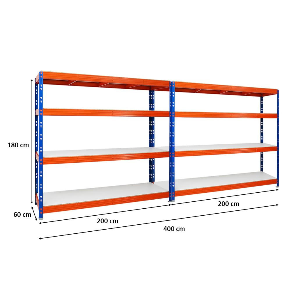 SCHWERLASTREGAL Rhino 2er-Set mit 2x 180x200x60 cm 4 Melamin-Ebenen 16mm Fachlast 500 kg Blau-Orange - Orange, Metall (400/180/60cm) - PROREGAL