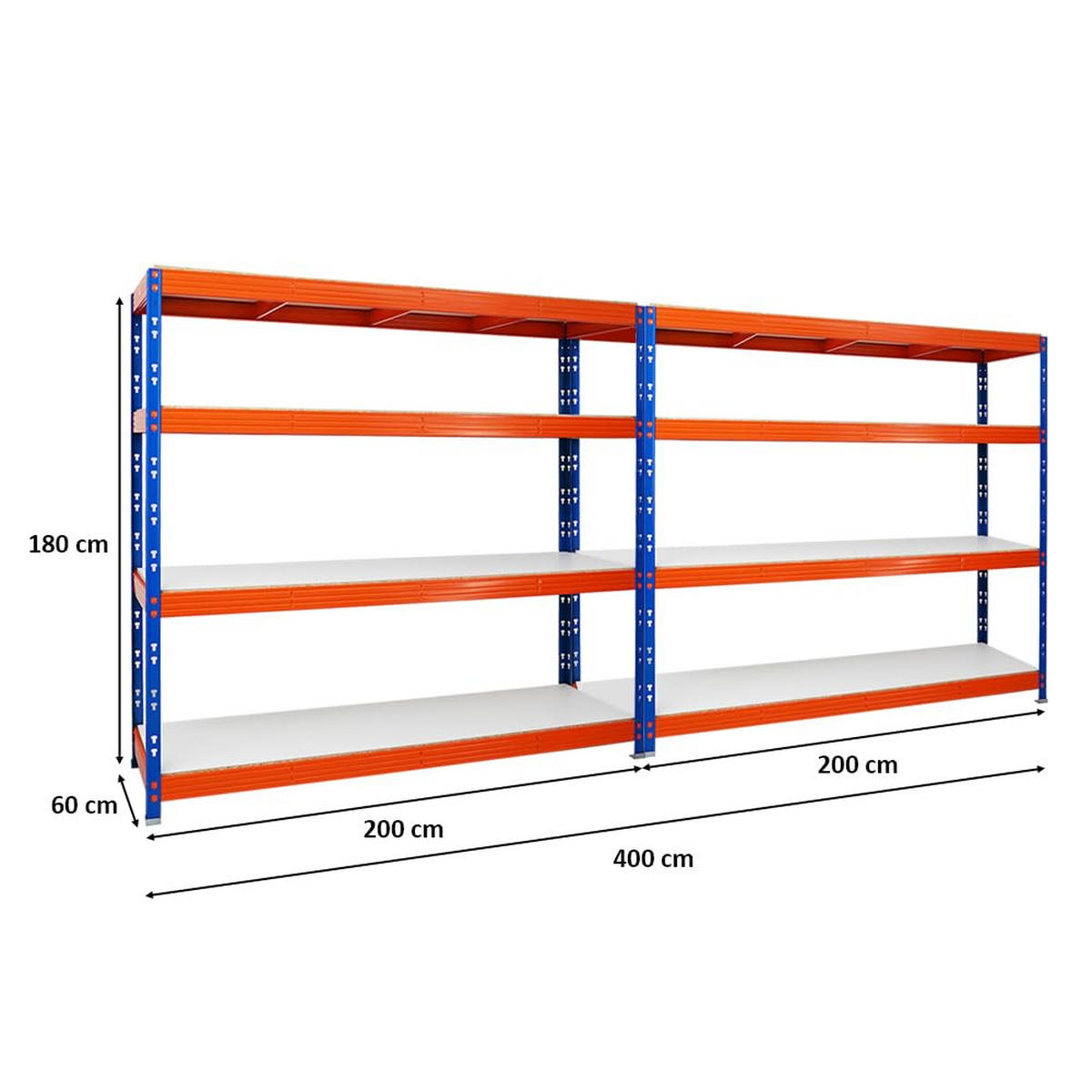 SCHWERLASTREGAL Rhino 2er-Set mit 2x 180x200x60 cm 4 Melamin-Ebenen 16mm Fachlast 500 kg Blau-Orange - Orange, Metall (400/180/60cm) - PROREGAL