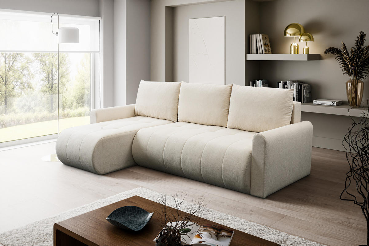 ECKSOFA Primo mit Schlaffunktion und Bettkasten in Cordstoff - Creme/Schwarz, Holz/Holzwerkstoff (245/143cm) - Ravio