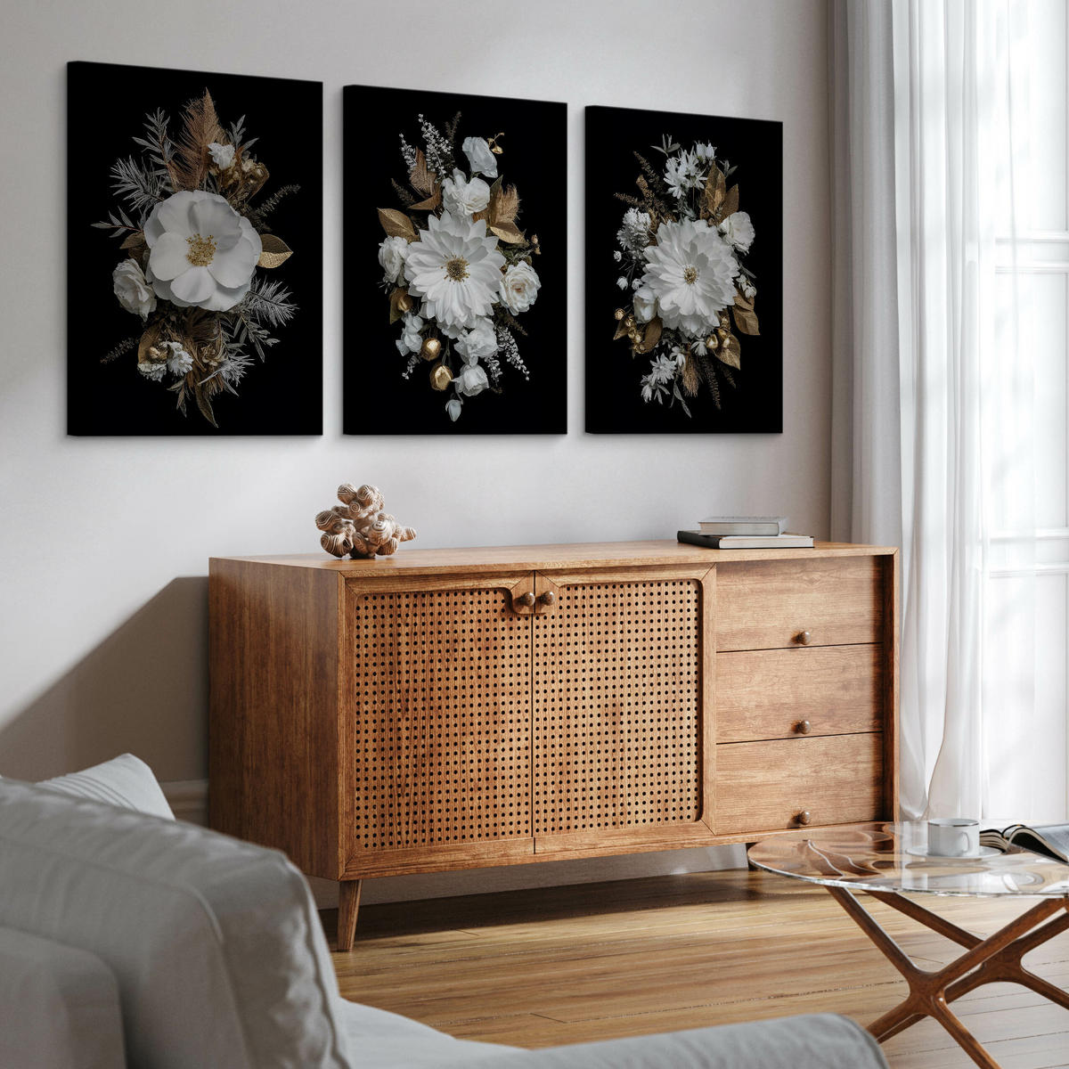 LEINWANDBILDER 3-es Set Blumen Natur 3D - Beige/Schwarz, Textil (90/40cm) - Muralo