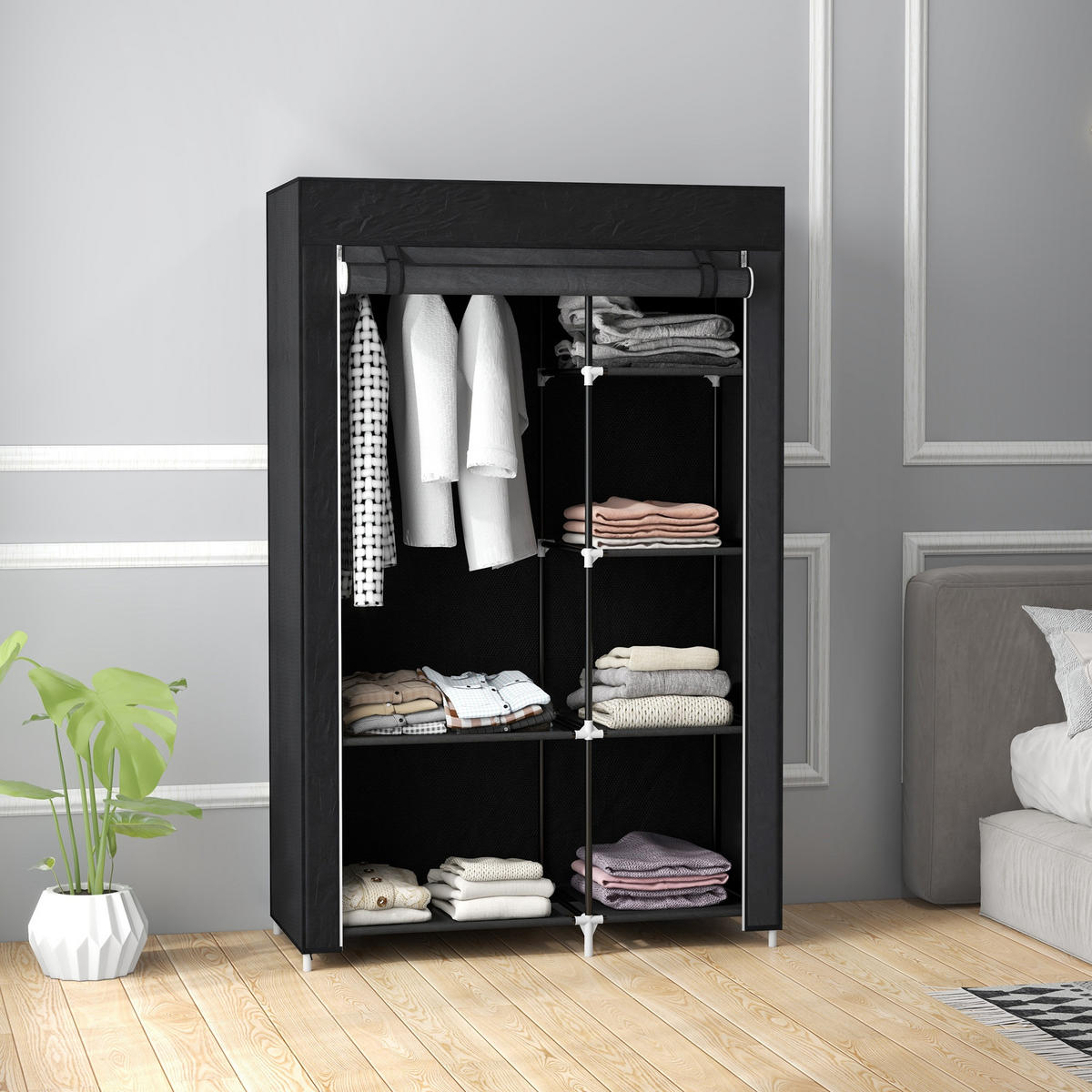 KLEIDERSCHRANK Stoffschrank Faltschrank mit 2 Kleiderstangen, 6 Fächern, Schwarz - Schwarz, Metall (43/162.5/103cm) - HOMCOM