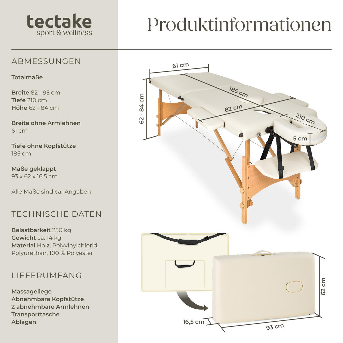 MASSAGELIEGE 2 Zonen Freddi,210 x 95 x 84 cm,beige - Beige, Holz (61/62/185cm) - tectake