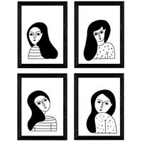 POSTER Set mit 4 „Vier Frauen Brünetten“ Zeichnungen von Frauen A4 Schwarzer Rahmen - Schwarz, Papier (29.7/3cm) - Nacnic