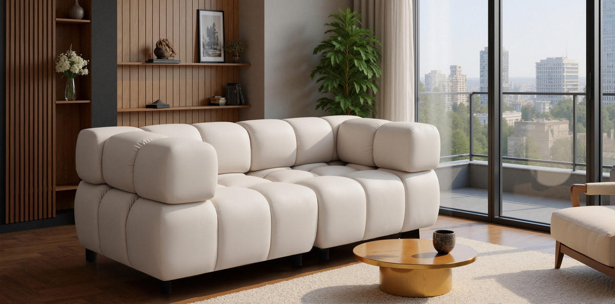 SOFA 3-Sitzer Modular, Couch, Veloursstoff Bluvel, Creme, Bolla - Creme, Holz (192/71/96cm) - Kaiser Möbel
