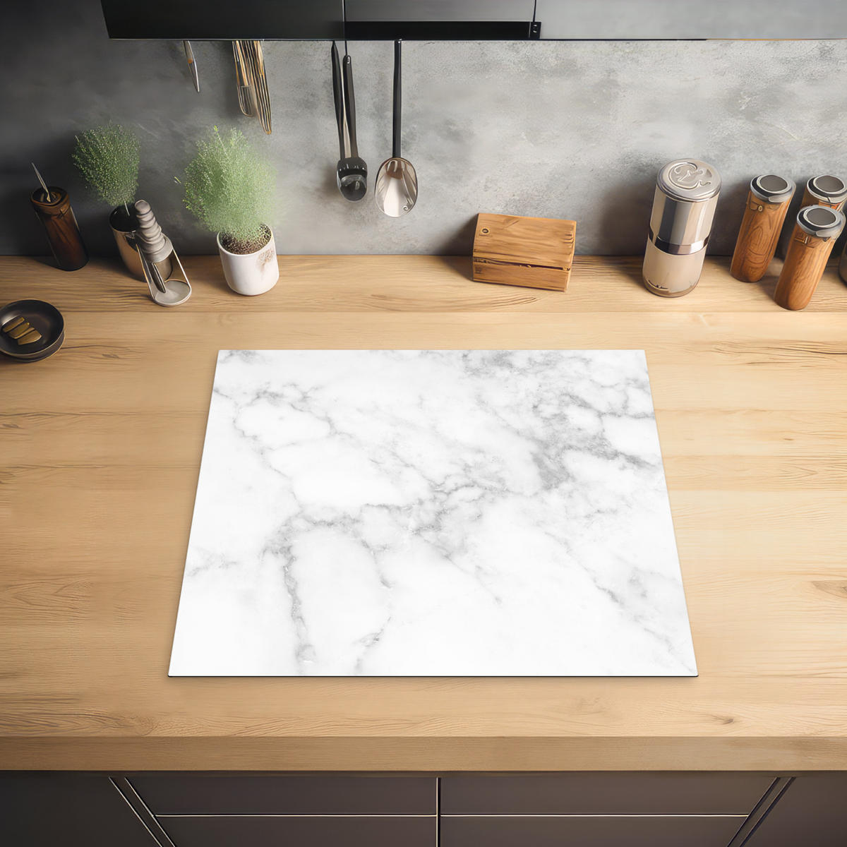 HERDABDECKPLATTE Marmor - Grau - Weiß - Strukturierter Marmor 59x51 cm - Weiß, Kunststoff (59/0.2/51cm) - MuchoWow