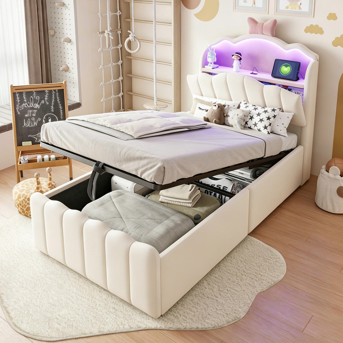 POLSTERBETT 90x200cm Samt LED USB Hydraulik Stauraum Beige - Beige, Metall (90/200cm) - FLIEKS