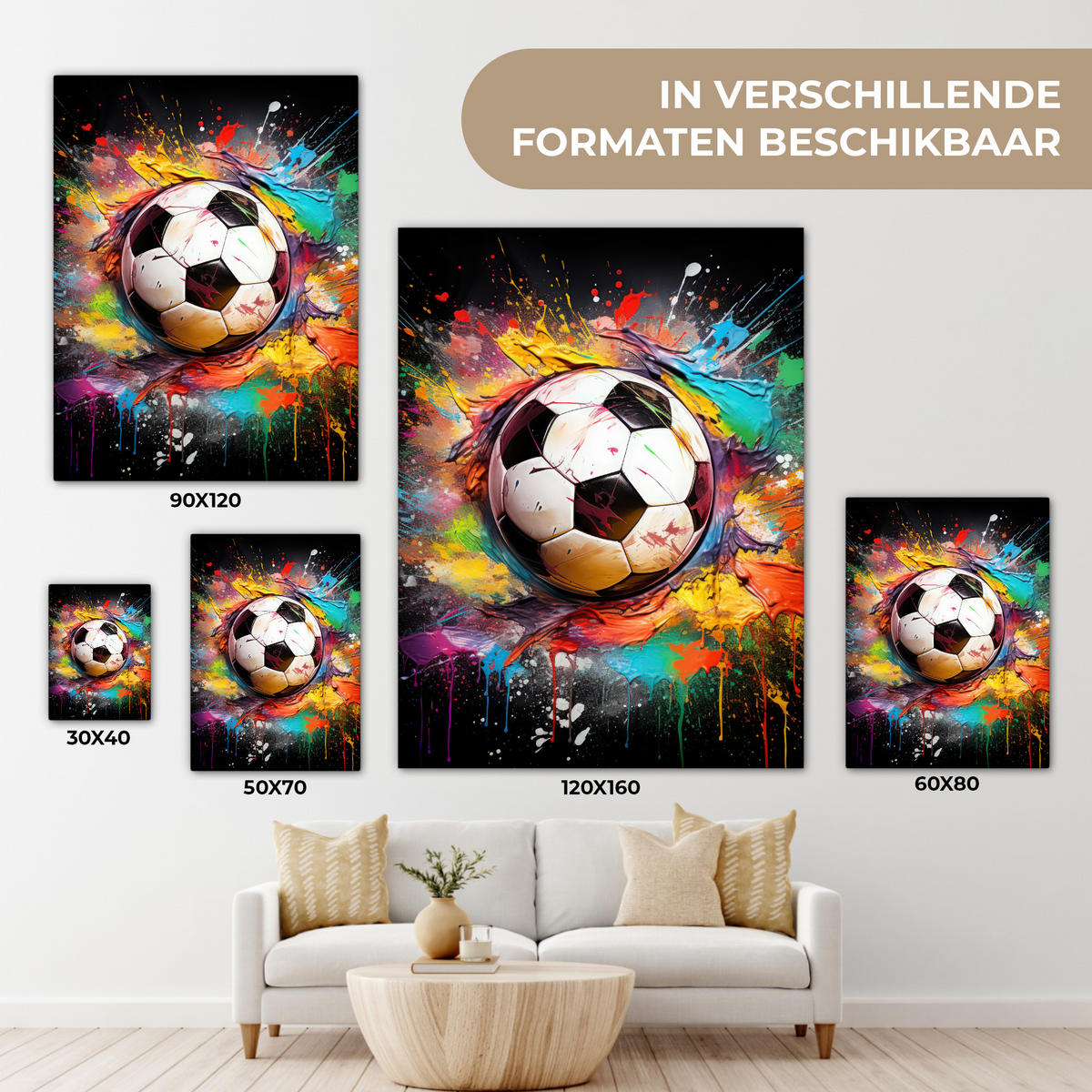 LEINWANDBILD Fußball - Farbe - Farben - Schwarz - Weiß Wandbild Wohnzimmer 60x80 cm - Weiß, Textil (60/80cm) - MuchoWow