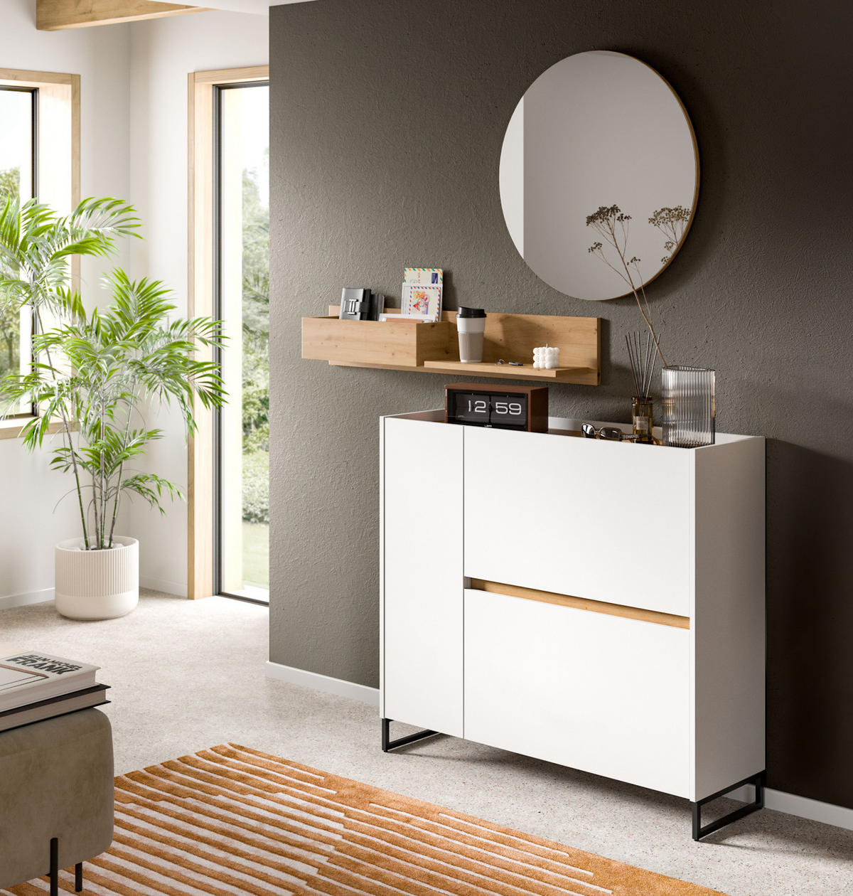 GARDEROBE-SET weiß und Artisan Eiche, Garderobe 3-teilig, 140 x 197 cm, Soft-Close, Borga - Schwarz/Weiß, Holzwerkstoff/Metall (140/197/32cm) - Inn.Furn