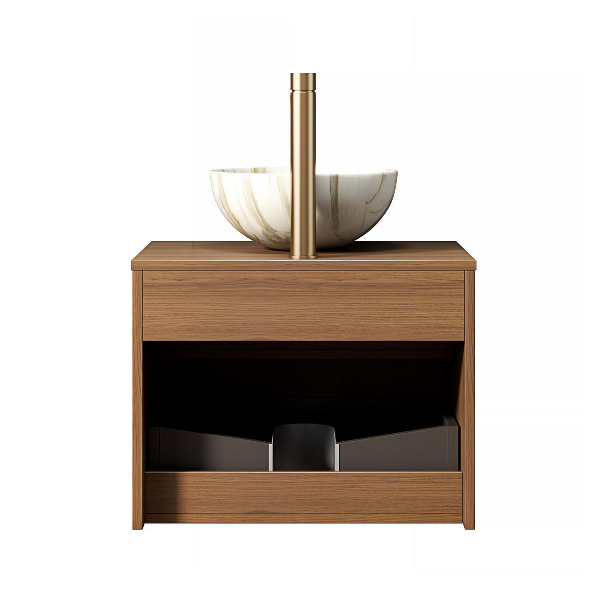 WASCHTISCHKOMBI 60x46x60.8cm Braune Eiche/Steinweiß mit Sensor-LED, Soft-Close & Massivholzfront - Eichefarben, Keramik (60/60.8/46cm) - Modfu