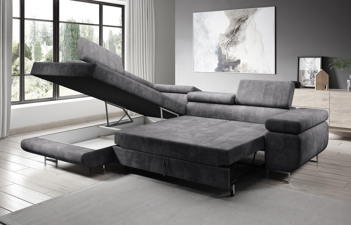 ECKSOFA L Form Kanya Hellgrau 275/202/90 cm – Sofa mit Bettfunktion & Stauraum L - Silberfarben/Grau, Textil/Metall (202/275cm) - AX Living