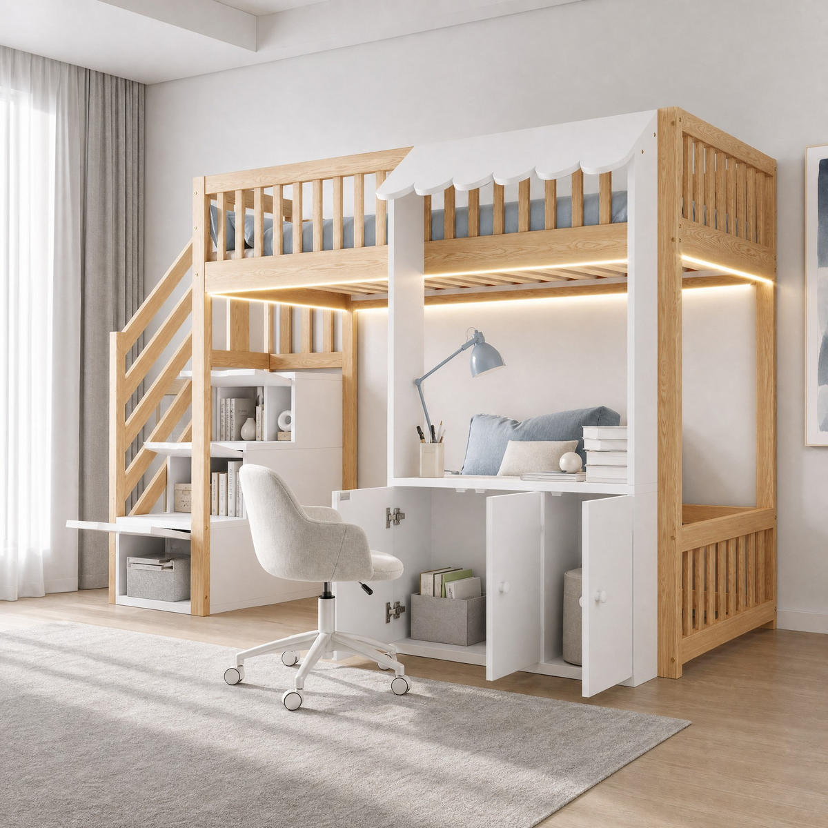 HOCHBETT aus Kiefernholz, Sperrholz und MDF 90x200 cm Holzfarbe mit Stauraumtreppe, LED-Lichtleiste und Stauraum - Naturfarben, Holz (90/200cm) - Modfu