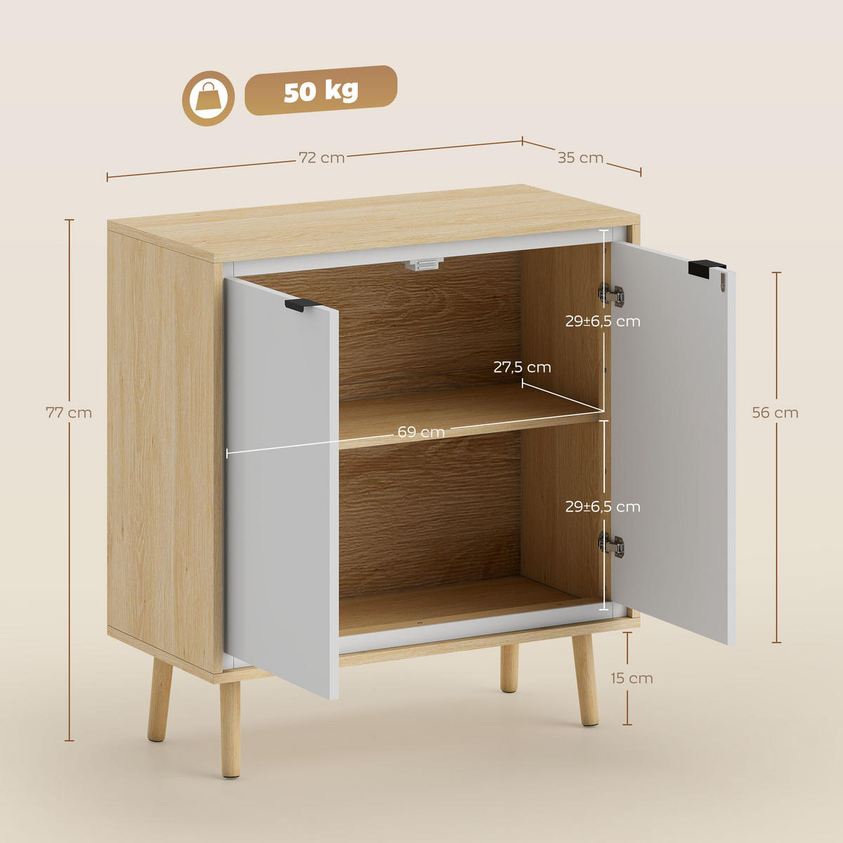 SIDEBOARD Weiß-Hochglanz und Eiche-Nachbildung, 72/35/77 cm - Weiß, Holz (72/77/35cm) - PANGIVO
