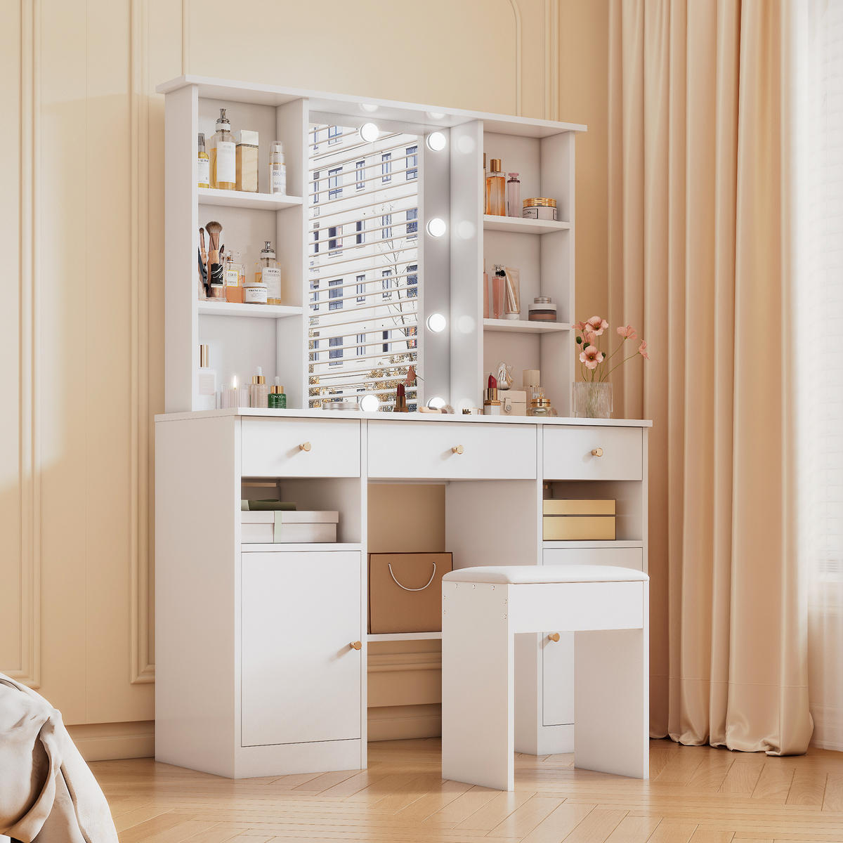 SCHMINKTISCH 110/40/151 cm Weiß mit LED-Beleuchtung Spiegel und Stauraum aus Spanplatte - Weiß, Holzwerkstoff (40/151/110cm) - OKWISH
