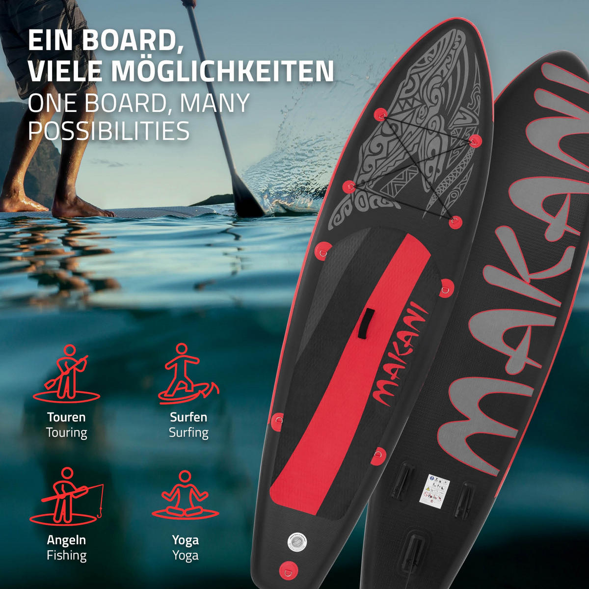 STAND UP PADDLE BOARD Makani Schwarz-Rot - Rot, Kunststoff (320/80/15cm) - ECD-Germany