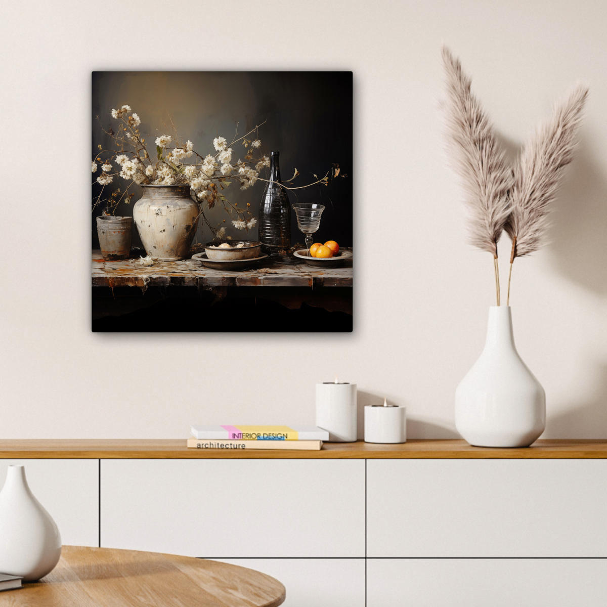 LEINWANDBILD Stilleben - Blumen - Blumenstrauß - Vase - Wein Wandbild Wohnzimmer 50x50 cm - Schwarz, Textil (50/50cm) - MuchoWow