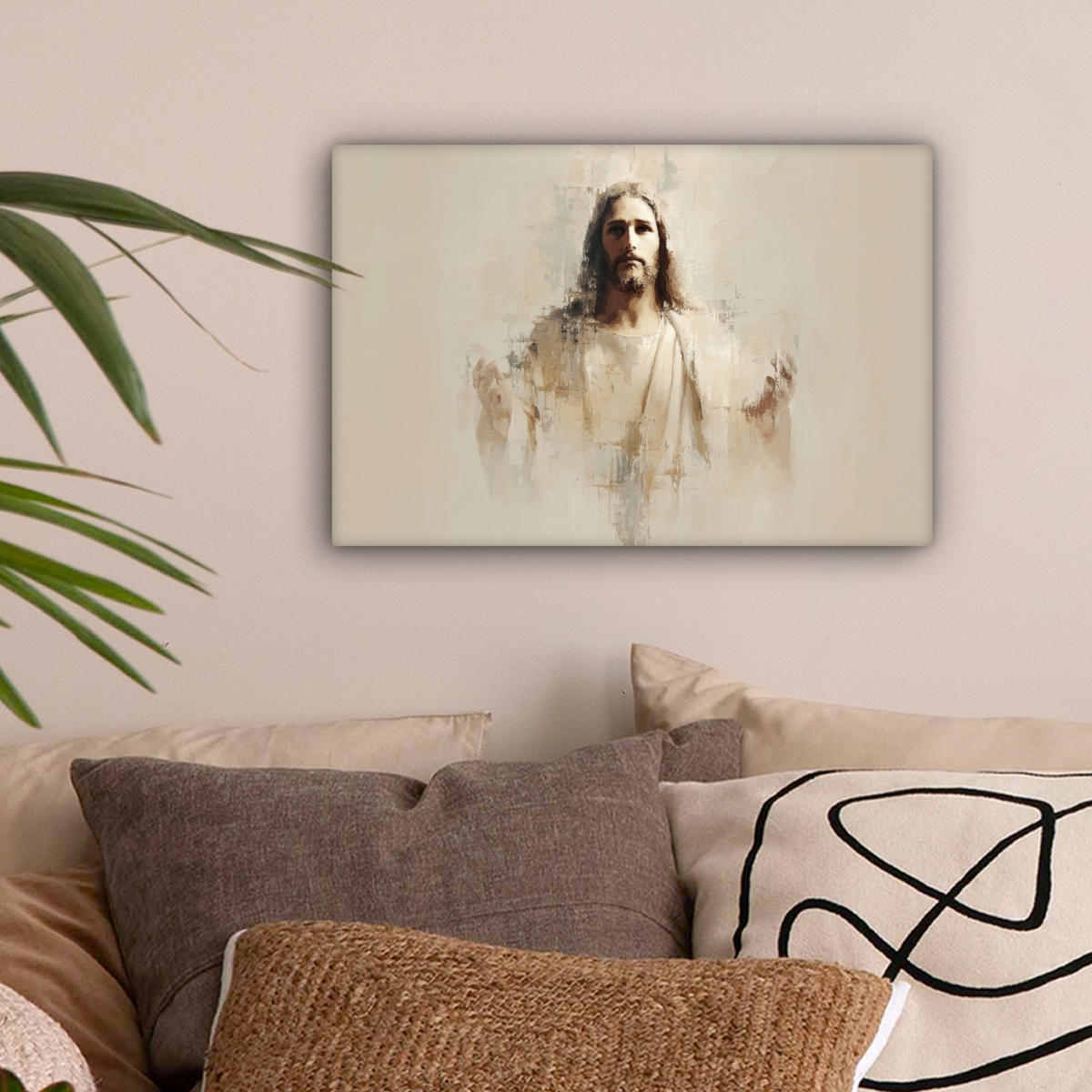LEINWANDBILD Porträt - Abstrakt - Jesus - Beige Deko Schlafzimmer 30x20 cm - Beige, Textil (30/20cm) - MuchoWow