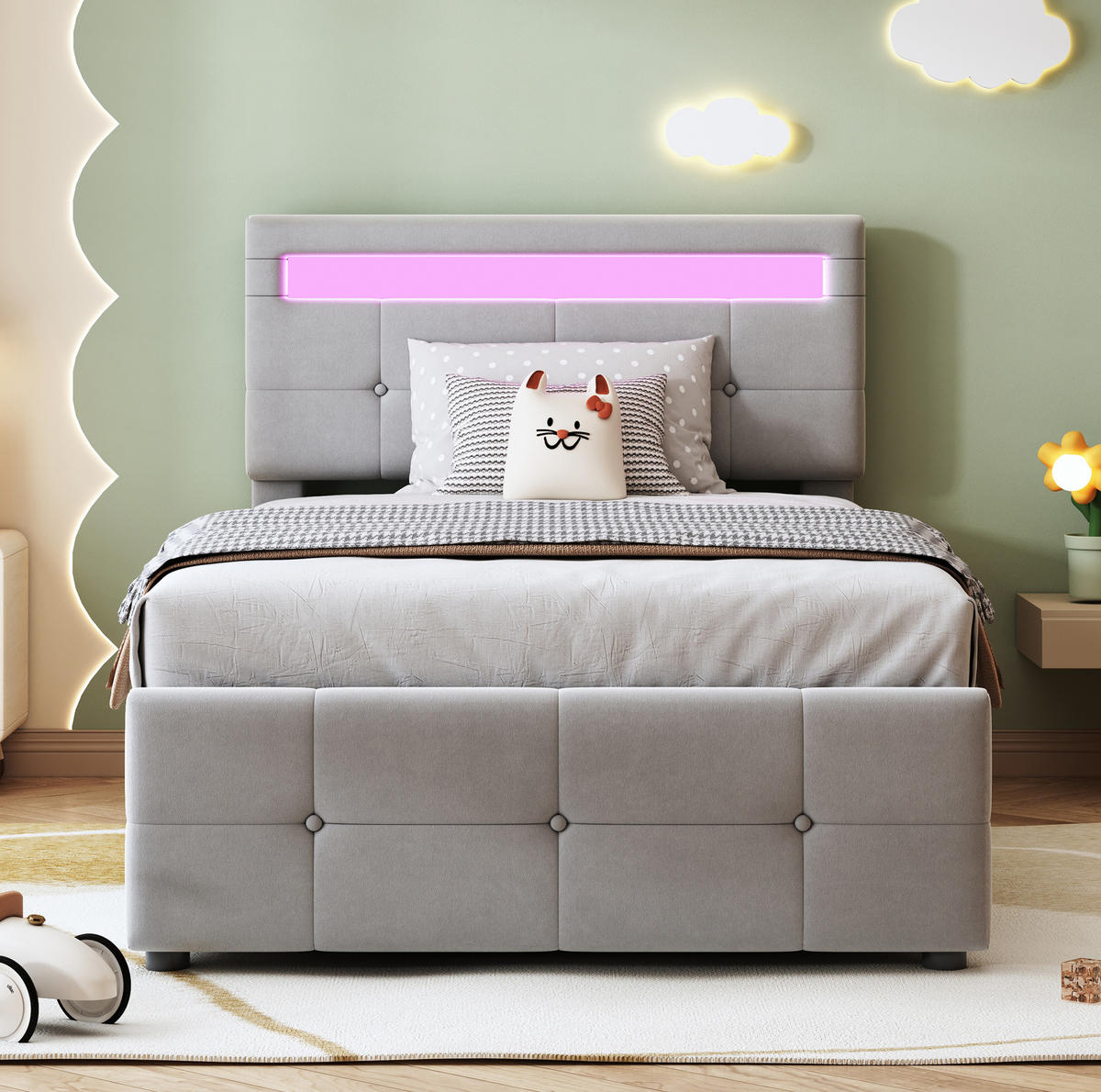 POLSTERBETT aus Samtstoff 90x200 cm in Grau mit LED-Beleuchtung & Stauraum - Grau, Textil (90/200cm) - Modfu