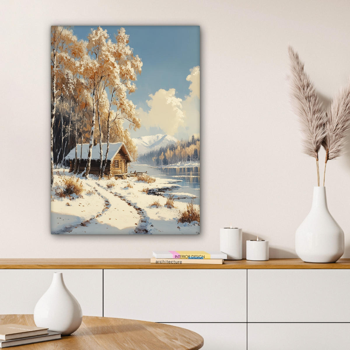 LEINWANDBILD Winter - Schnee - Zuhause - Natur 60x80 cm - Hellbraun, Textil (60/80cm) - MuchoWow