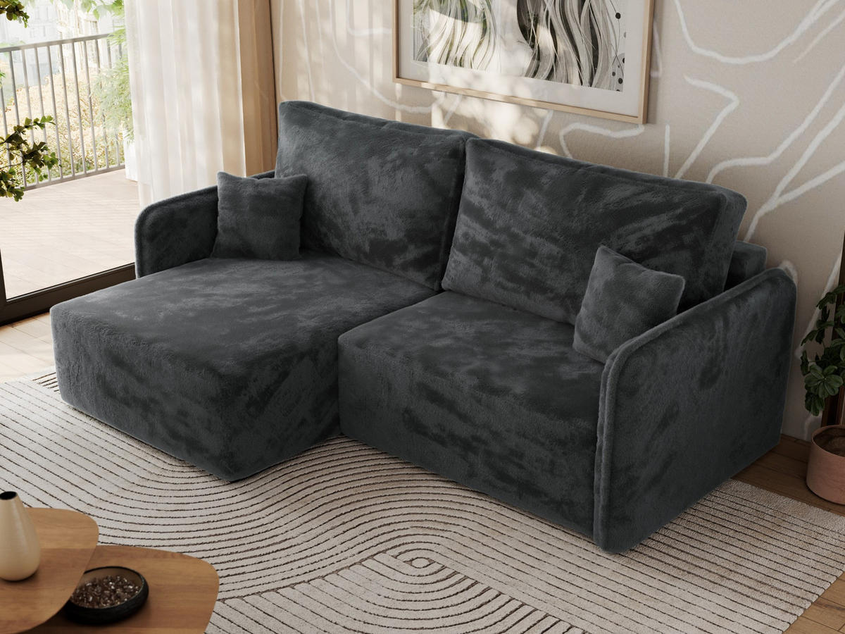 ECKSCHLAFSOFA MESTO L Dunkelgrau Plüsch - links - Dunkelgrau/Schwarz, Kunststoff/Textil (227/147cm) - MKS