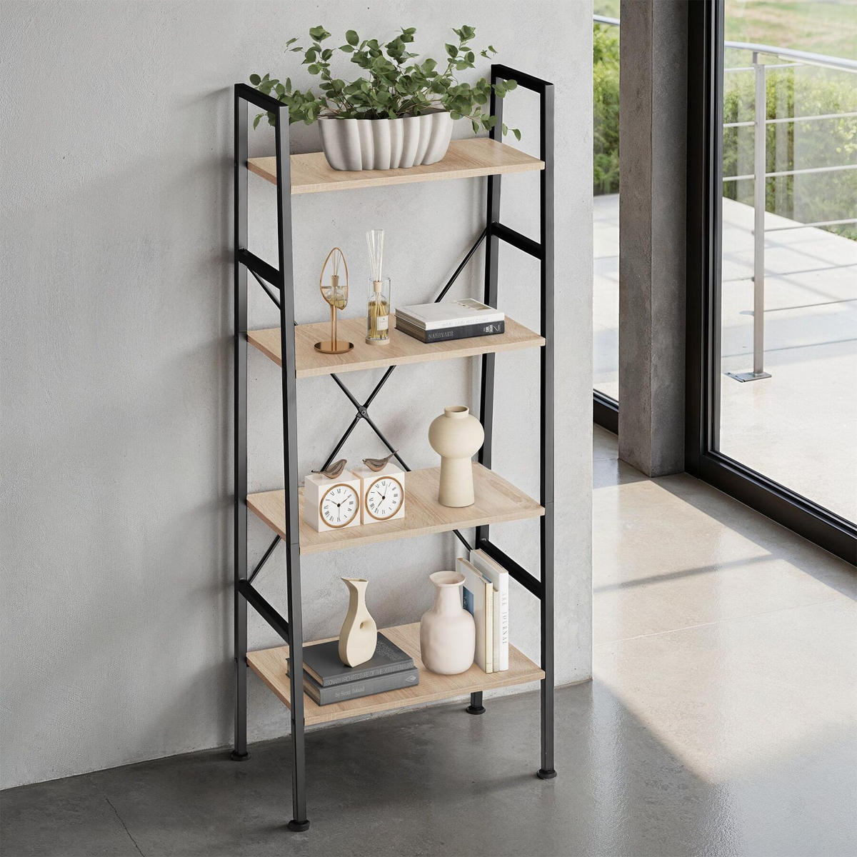 LEITERREGAL Newcastle,inklusive Kippschutz, 57,5 x 35,5 x 139 cm,Industrial Holz hell, Eiche Sonoma - Naturfarben, Holz (35.5/139/57.5cm) - tectake