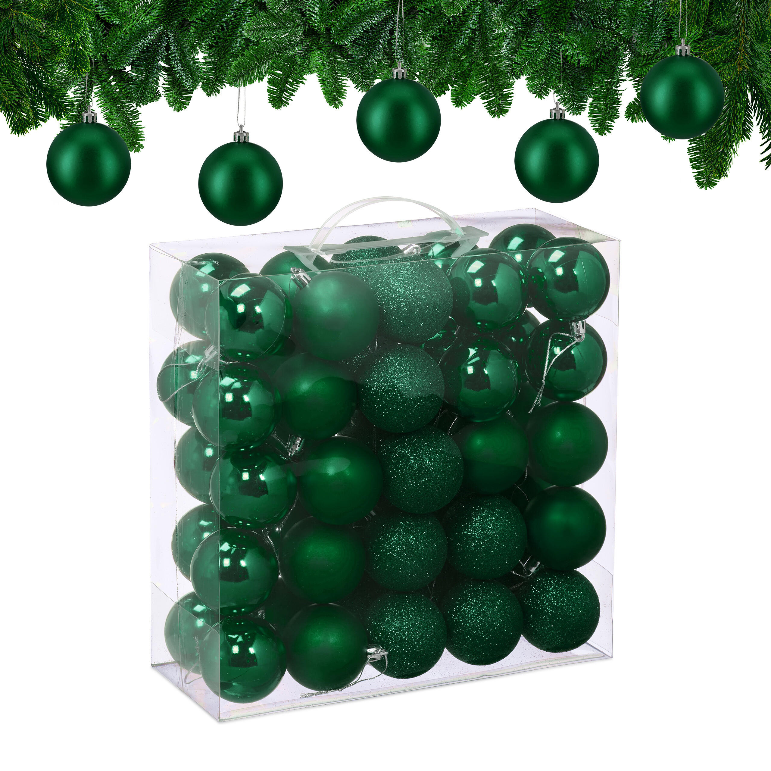 Relaxdays VÁNOČNÍ KOULE Tmavě zelená 50-dílná sada plast 7x6 cm