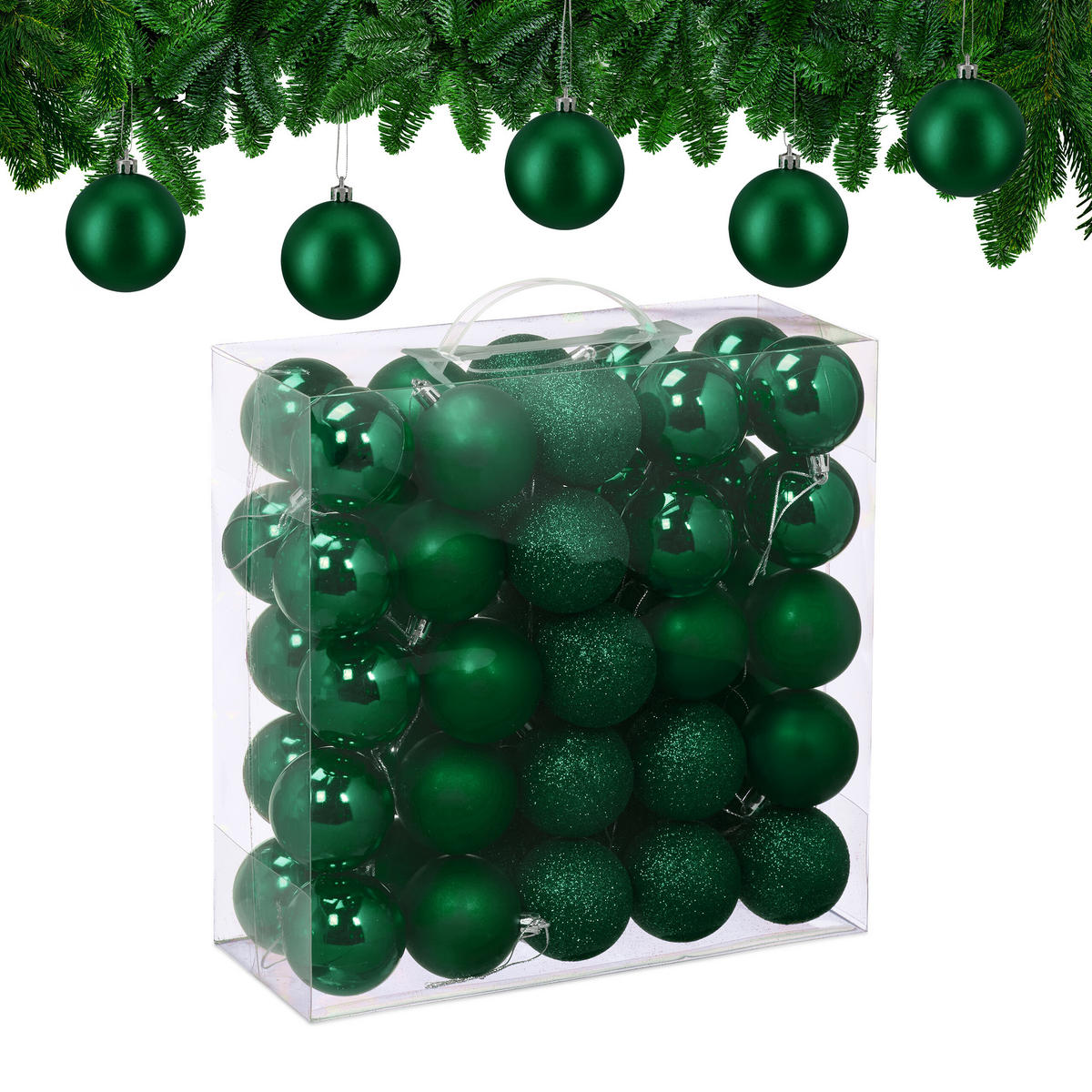 50XWEIHNACHTSKUGELN - Dunkelgrün, Kunststoff (6/7/6cm) - Relaxdays