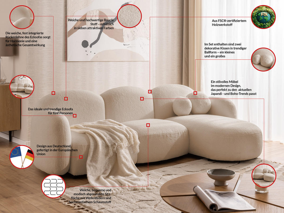 ECKSOFA Nuvola mit abgerundetem Design Hellbeige Bouclé-Stoff - Ottomane Rechts - Beige/Schwarz, Holz/Kunststoff (268/146cm) - S-Style Möbel