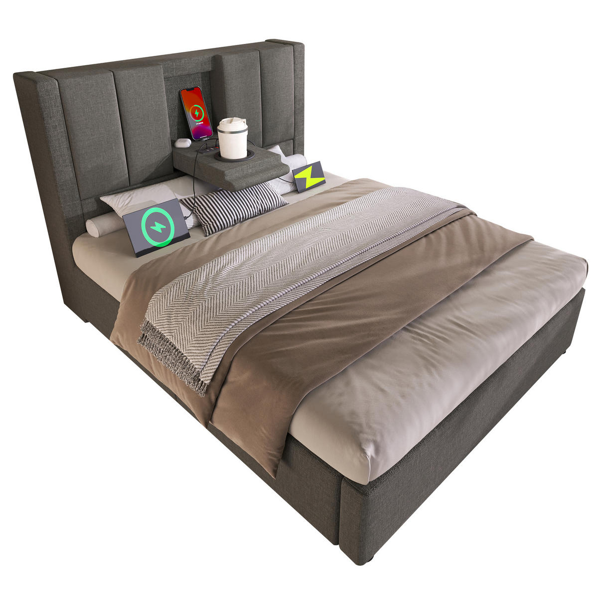 POLSTERBETT 90/200 cm Grau mit Stauraum und integrierter Ladestation mit Matratze - Grau, Textil (90/200cm) - OKWISH