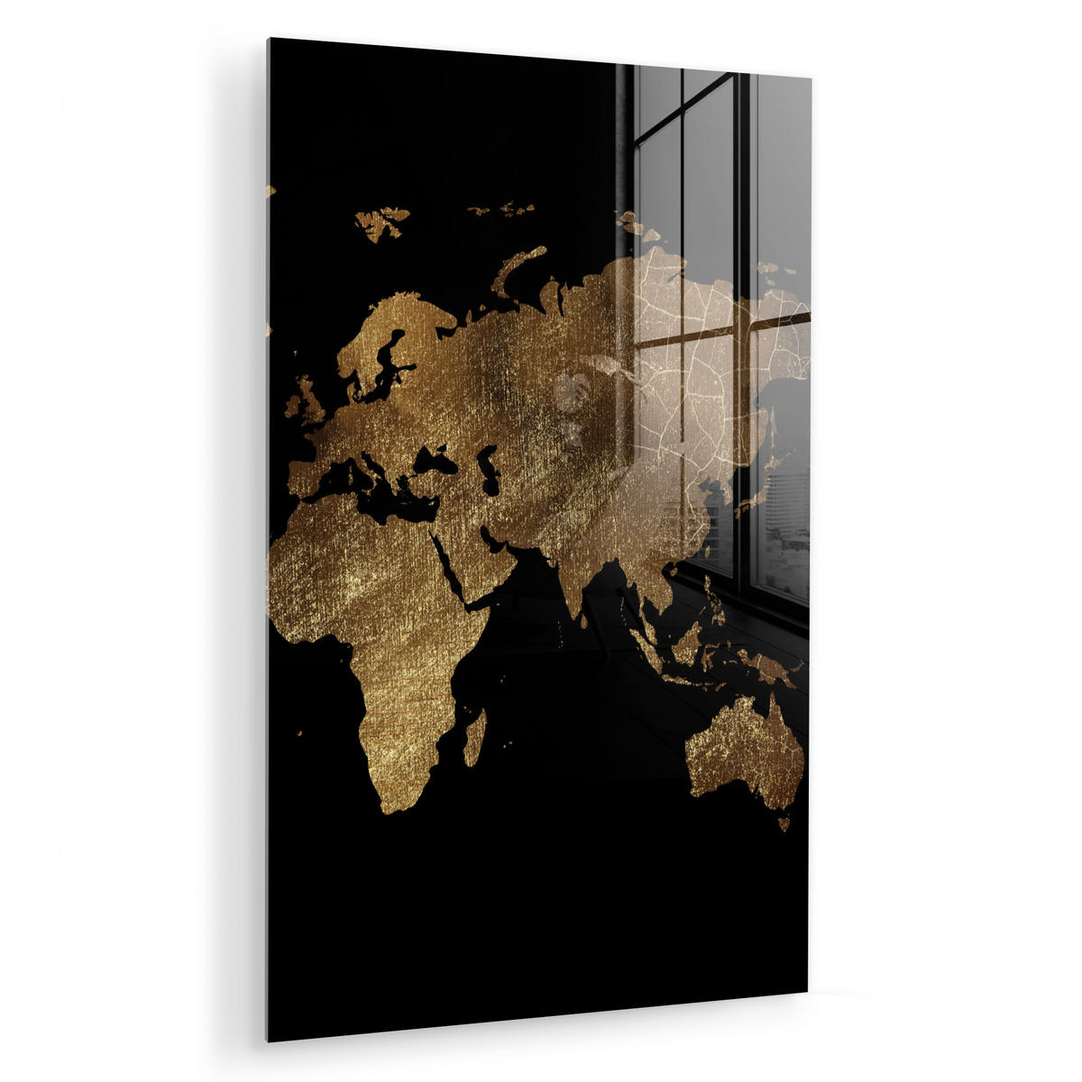ACRYLGLASBILD Weltkarte - Gold - Luxus - Erde - Schwarz 60x90 cm - Goldfarben, Glas (60/90cm) - MuchoWow