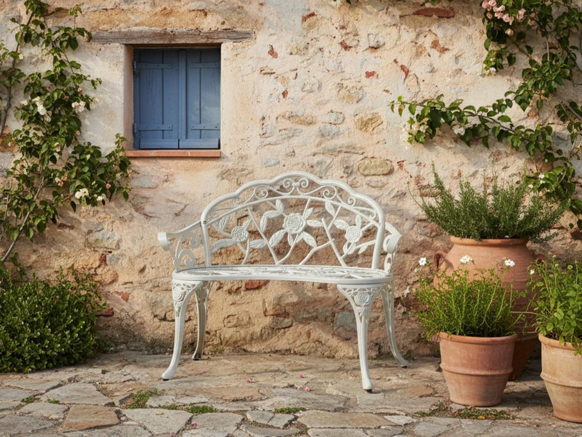 GARTENBANK Weiß Piura - Weiß, Metall (88/80/49cm) - Beliani