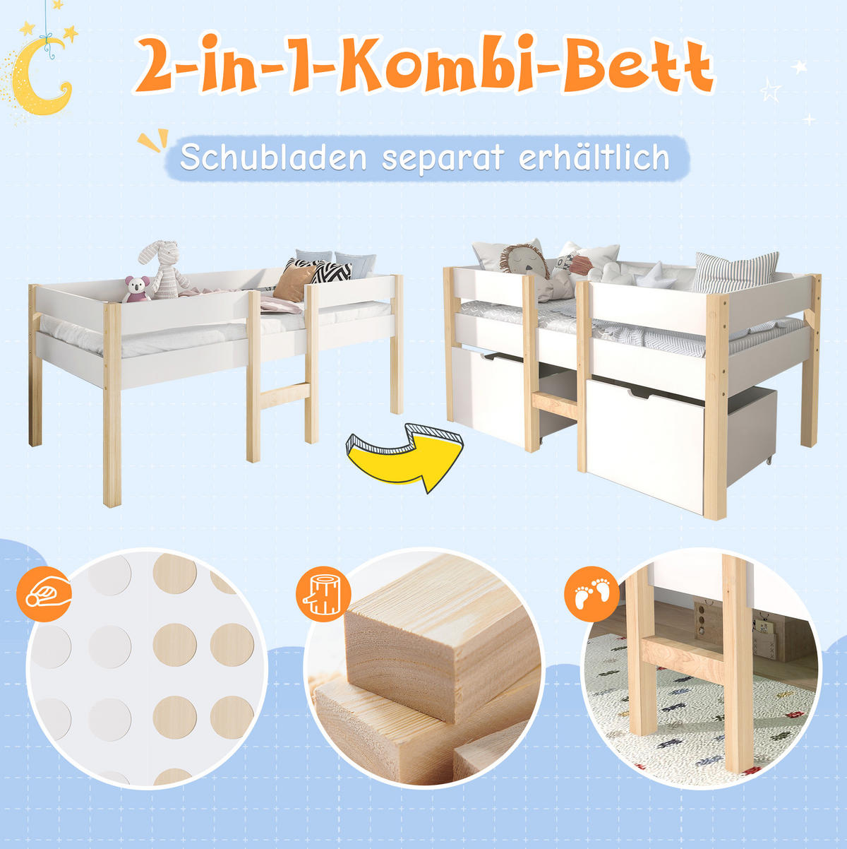 KINDERBETT 90/200 cm mit Rausfallschutz, Leiter und 2 Schubladen, Weiß - Weiß, Holzwerkstoff (90/200cm) - Redom