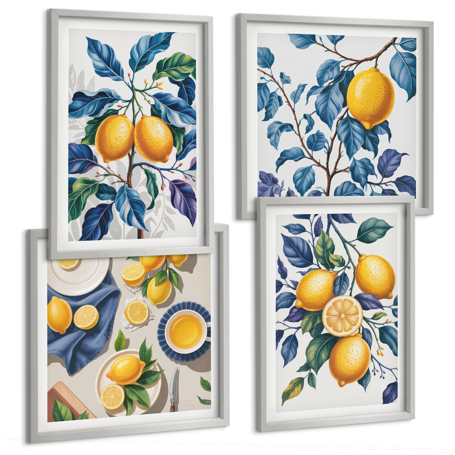 BILDER SET 4er Set - 50x50 cm & 40x60 cm Silberner Rahmen - Zitronenzweige mit blauen Blättern - Silberfarben, Kunststoff (50/50cm) - TULUP