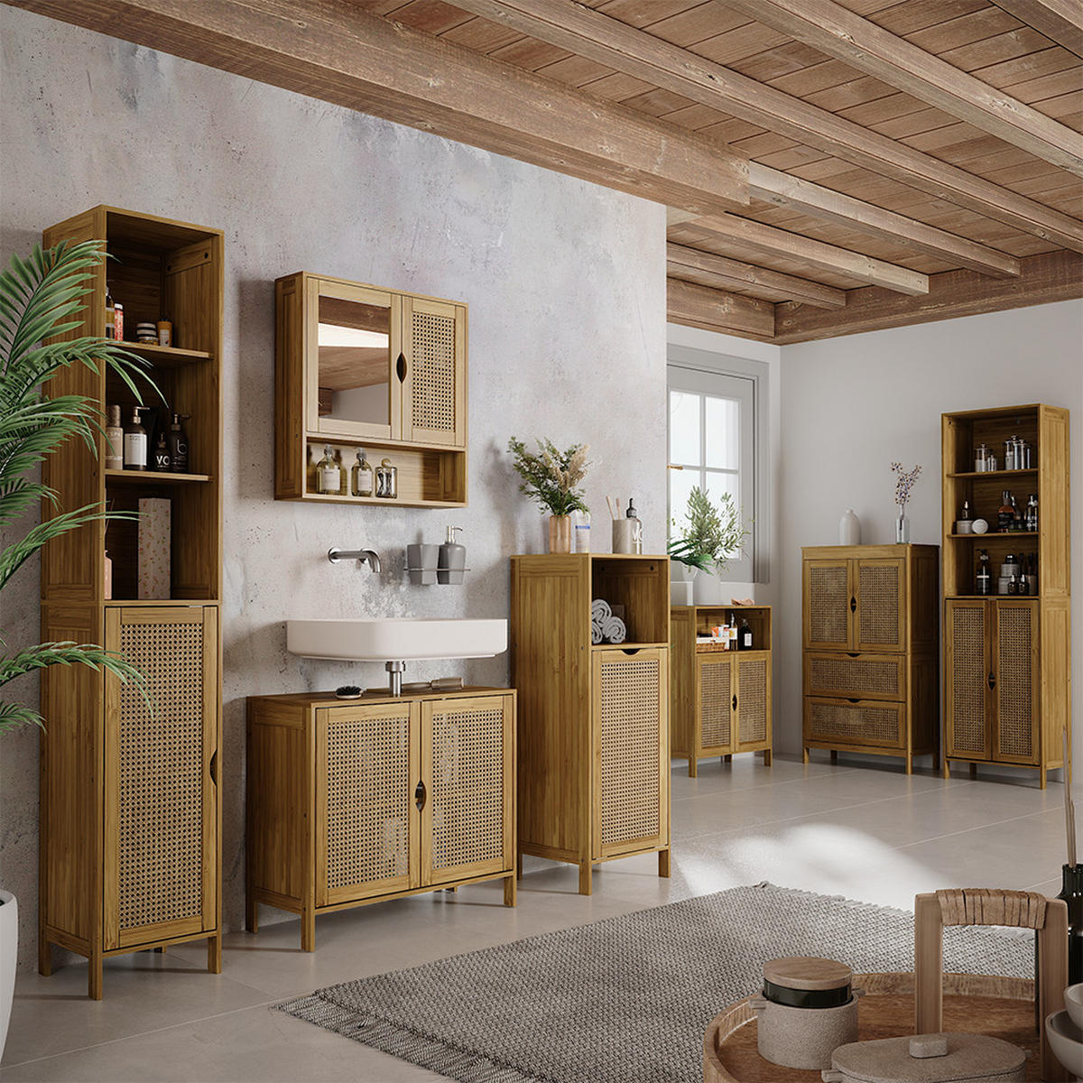 BADSCHRANK Liora Bambus 36 x 98 cm - Grün, Holzwerkstoff (36/98/33cm) - Vicco