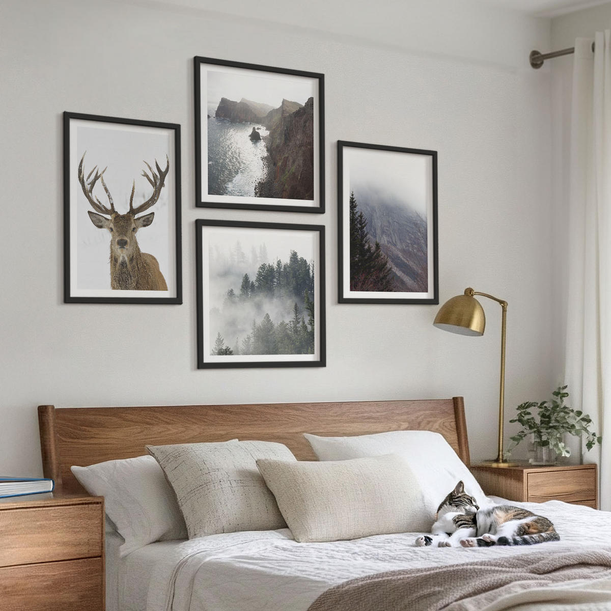 WANDBILDER 4er-Set - 50x50 cm & 40x60 cm Schwarzer Rahmen - Berglandschaft Nebel Hirsch - Schwarz, Kunststoff (50/50cm) - ArtPrintCave