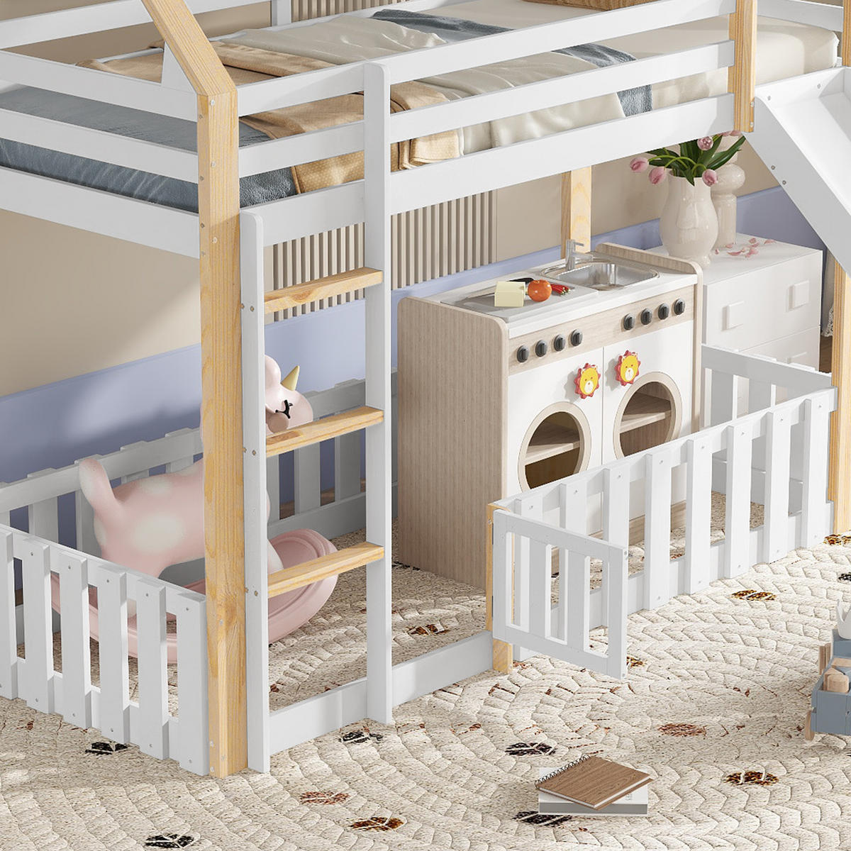 ETAGENBETT 90/200 cm in Weiß & Natur Kinderbett mit Rutsche, Leiter und Zaun im Dachdesign - Weiß/Naturfarben, Holzwerkstoff (90/200cm) - STILVORA