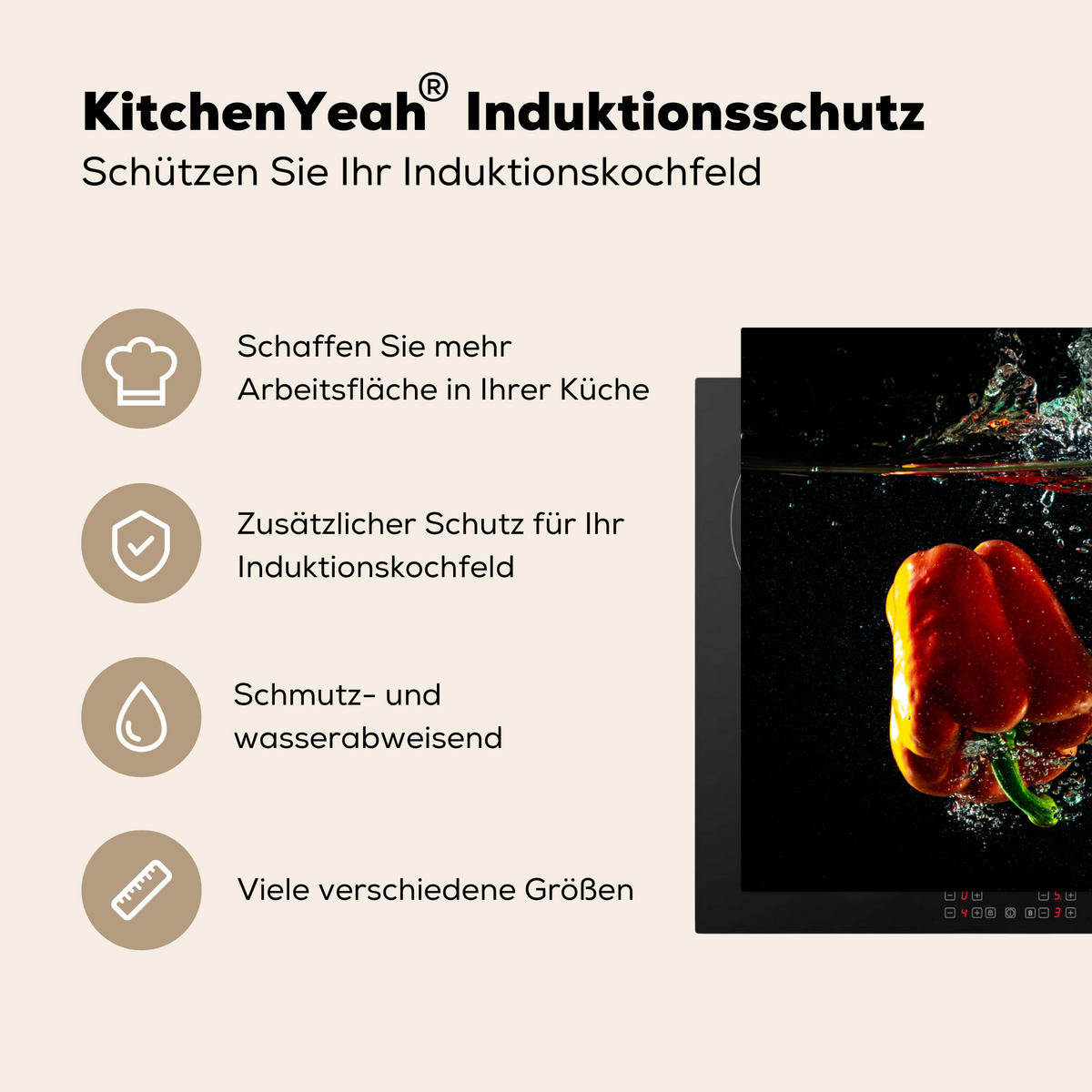 HERDABDECKPLATTE Paprika - Gemüse - Wasser - Schwarz - Rot - Grün - Gelb Induktionsschutz 91.2x52 cm - Multicolor, Kunststoff (91.2/52/0.2cm) - MuchoWow