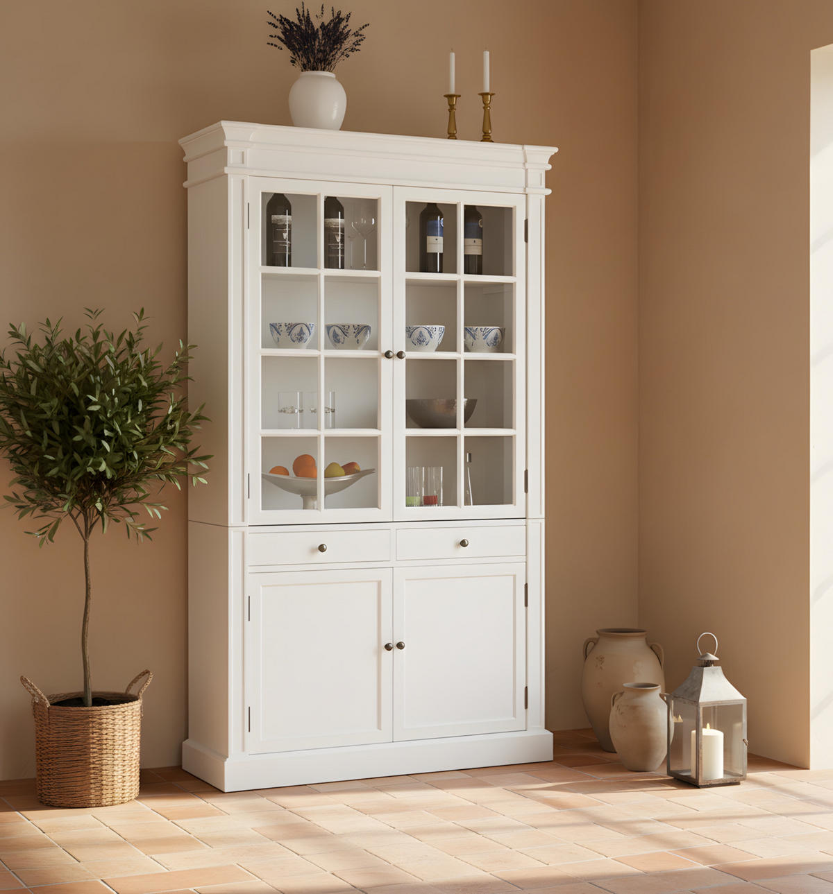 VITRINE Amaretta weiß antik patiniert 110/45/200 cm - Weiß, Holz (110/200/45cm) - ebuy24