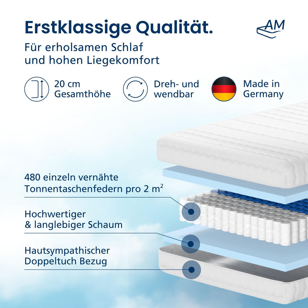 TASCHENFEDERKERNMATRATZE 70/220 cm H4 - 20cm Höhe & Toledo Bezug - Weiß, Textil (70/220cm) - AM Qualitätsmatratzen