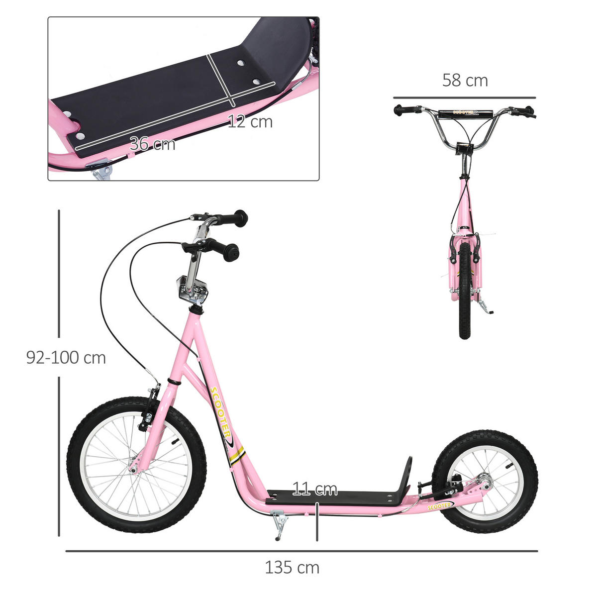 KINDERROLLER, Schwarz/Rosa, Stahl+ Gummi - Rosa, Metall (135/58/100cm) - HOMCOM