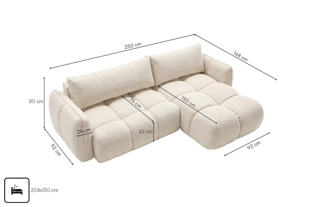 ROHOVÁ SEDAČKA ve tvaru L s funkcí spaní, žinylková tkanina Puente, Ecru, Pravá strana, BELVEDER L - ecru, dřevo (250/168cm) - Kaiser Möbel