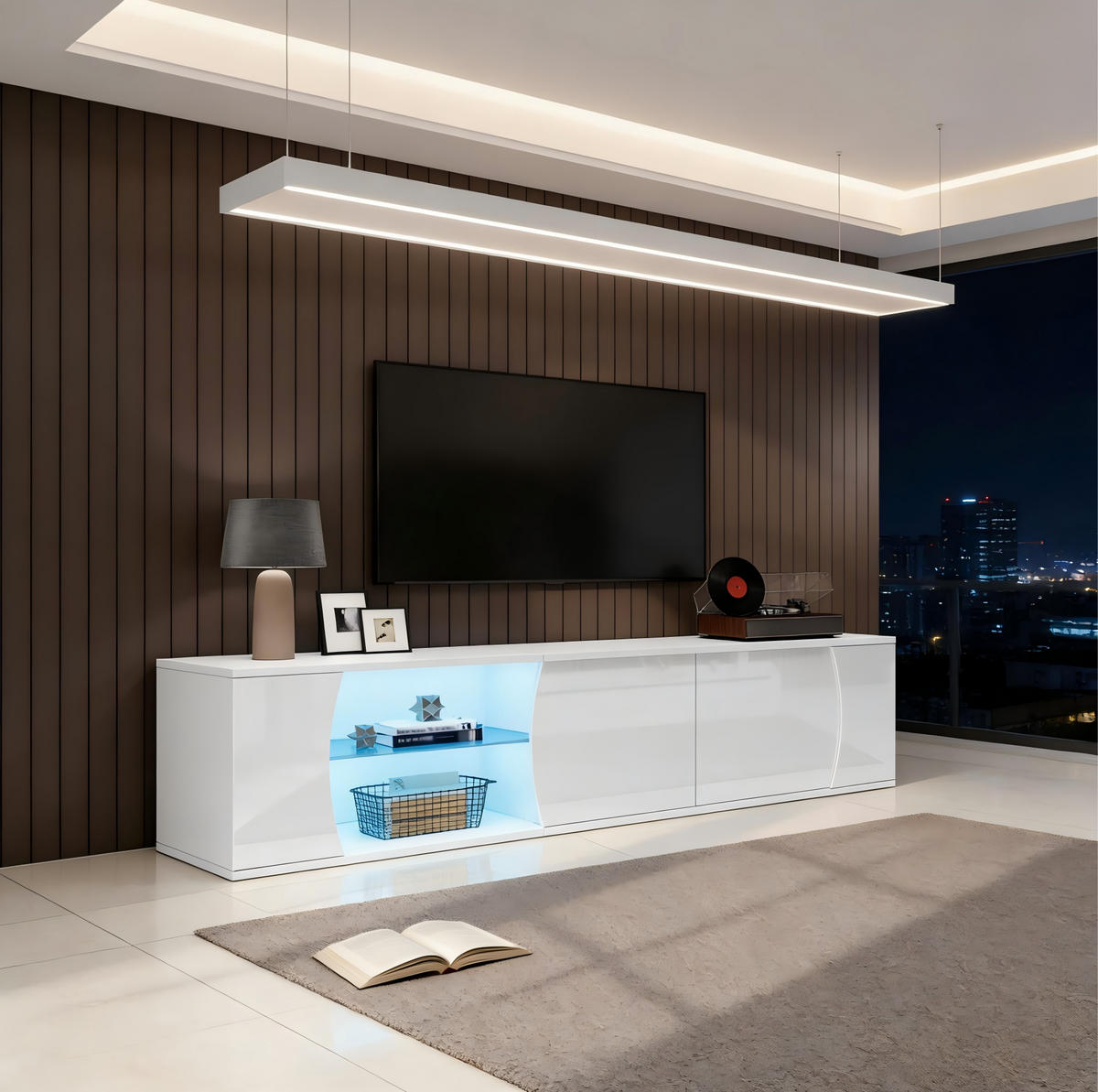 LOWBOARD in Weiß mit LED-Beleuchtung für Wohnzimmer, B180/T40/H45cm - Weiß, Glas/Holzwerkstoff (180/45/40cm) - STILVORA