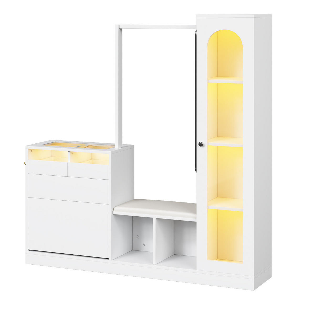 GARDEROBENKOMBINATION 163/50/161 cm aus Spanplatte mit LED-Beleuchtung und Spiegel Weiß - Weiß, Holzwerkstoff (163/161/35cm) - Modenvie