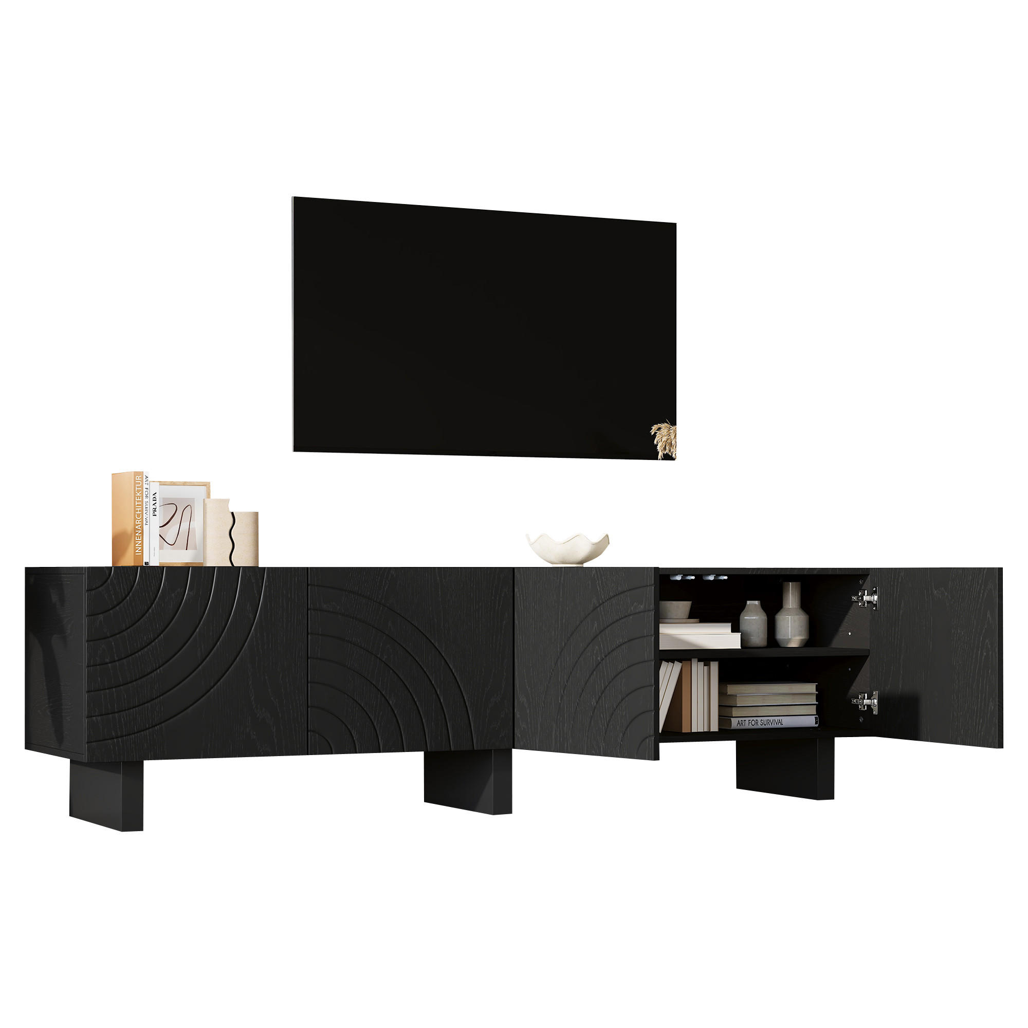 LOWBOARD in Schwarz TV-Schrank mit 2 Ablagen, für 75-Zoll-Fernseher , B180/T40/H55 cm - Schwarz, Holzwerkstoff (180/55/40cm) - STILVORA
