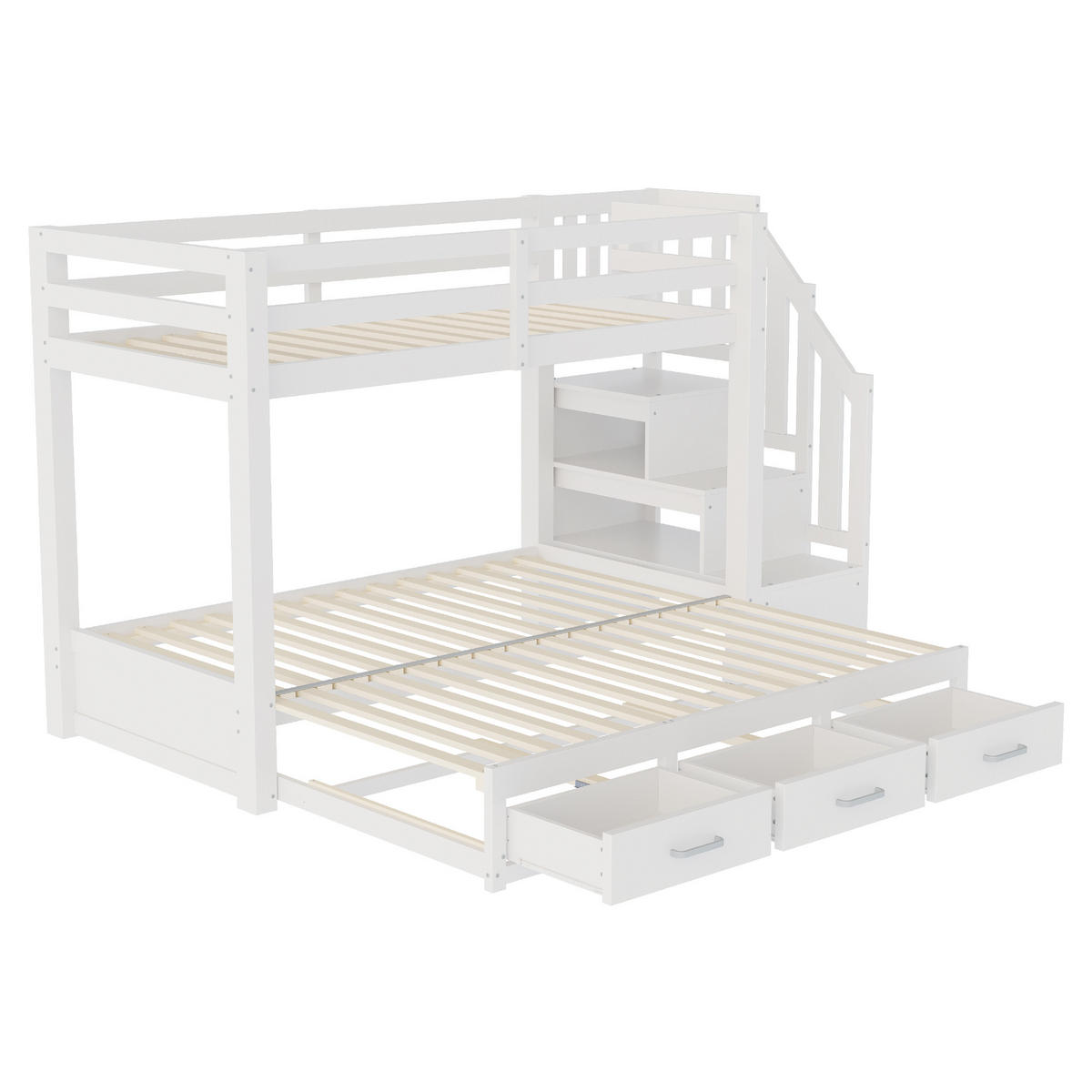 ETAGENBETT 90/200 cm & 180/190 cm in Weiß & Grau mit 3 Schubladen, Ausziehbett und Stauraumleiter - Weiß, Holzwerkstoff (90/200cm) - STILVORA
